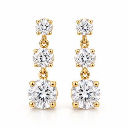 Graduated Three-Stone Lab-Grown Diamond Drop Earrings 3.00 CTW in yellow gold, hero; design visualization