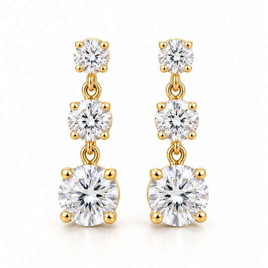 Graduated Three-Stone Lab-Grown Diamond Drop Earrings 3.00 CTW in yellow gold, hero; design visualization