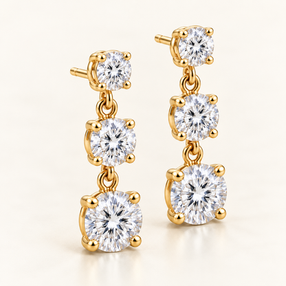 Graduated Three-Stone Lab-Grown Diamond Drop Earrings 3.00 CTW in yellow gold, three quarter; design visualization