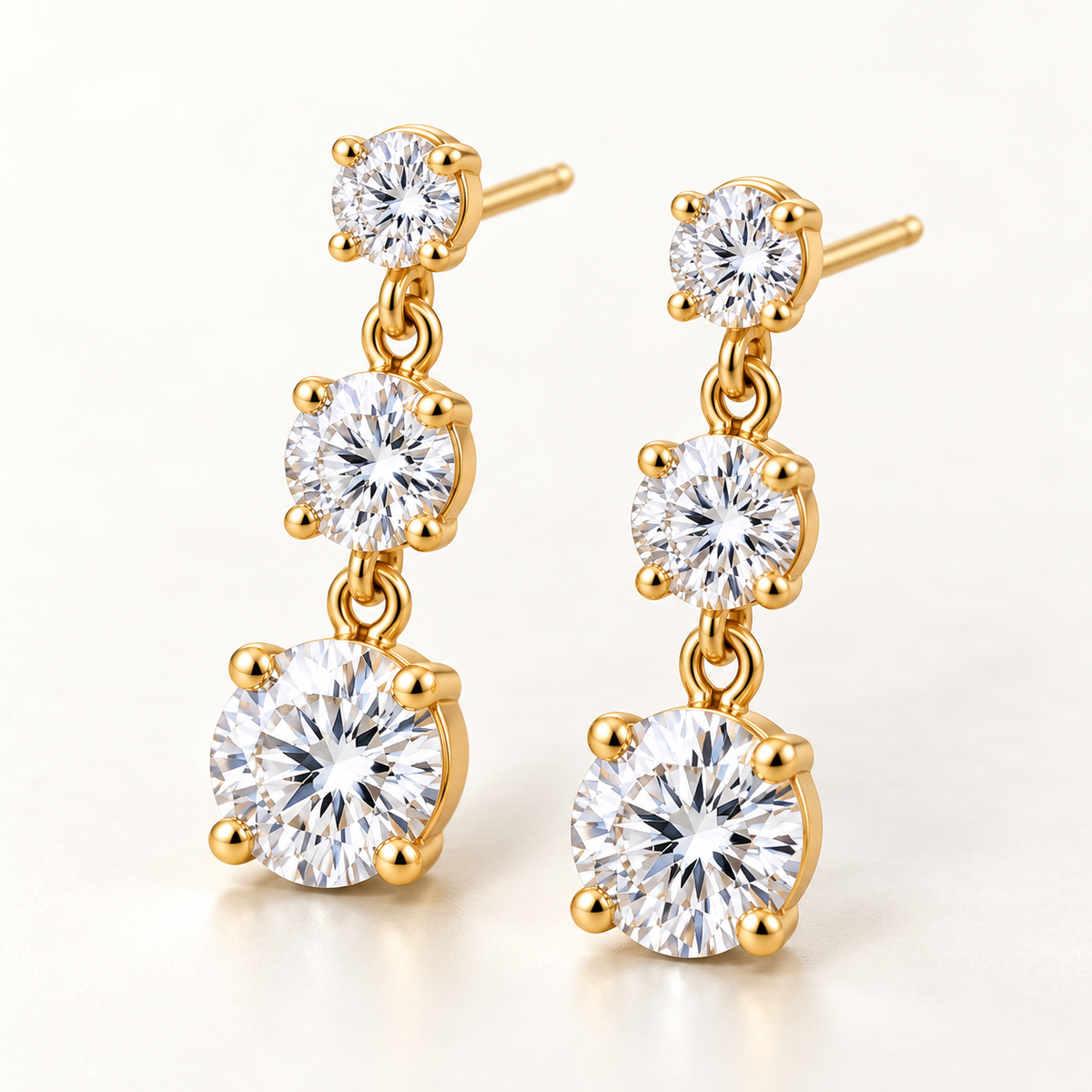 Graduated Three-Stone Lab-Grown Diamond Drop Earrings 3.00 CTW in yellow gold, oblique front; design visualization