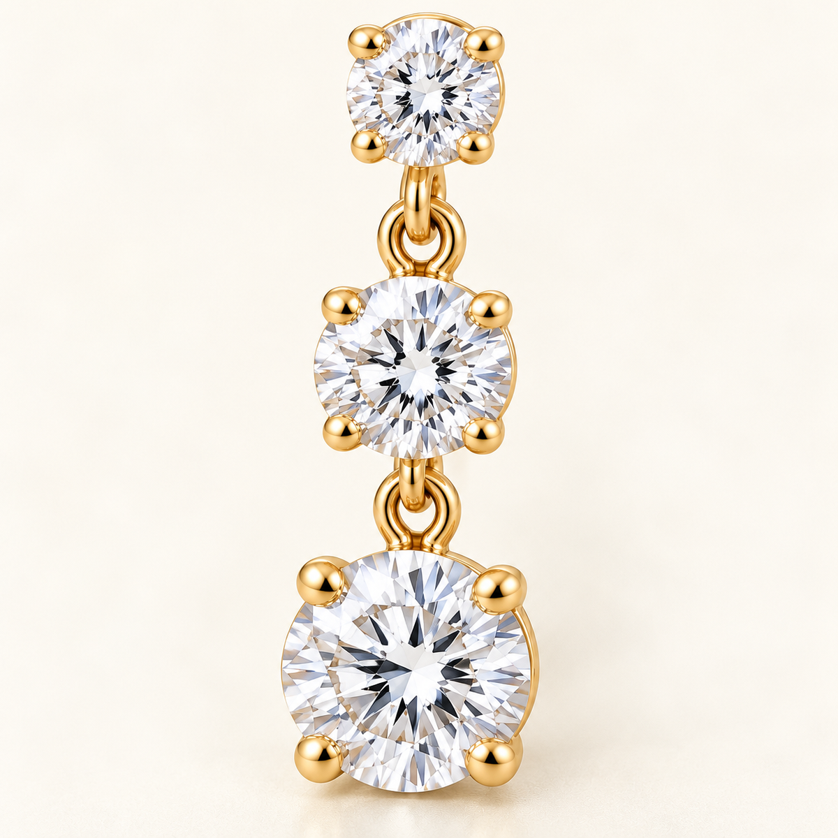 Graduated Three-Stone Lab-Grown Diamond Drop Earrings 3.00 CTW in yellow gold, macro detail; design visualization