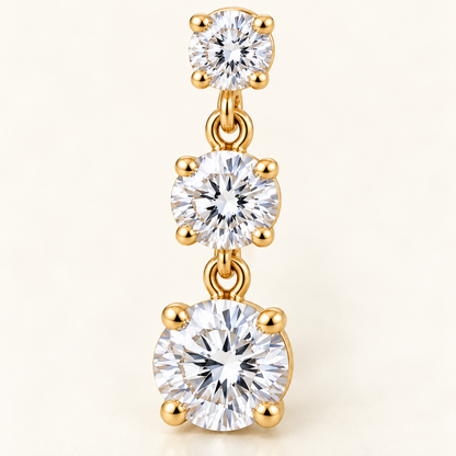 Graduated Three-Stone Lab-Grown Diamond Drop Earrings 3.00 CTW in yellow gold, macro detail; design visualization