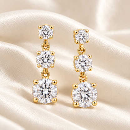 Graduated Three-Stone Lab-Grown Diamond Drop Earrings 3.00 CTW in yellow gold, ivory styling; design visualization