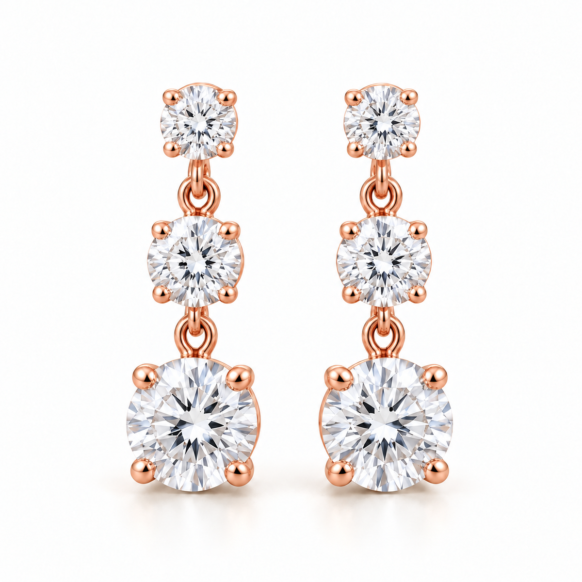 Graduated Three-Stone Lab-Grown Diamond Drop Earrings 3.00 CTW in rose gold, hero; design visualization
