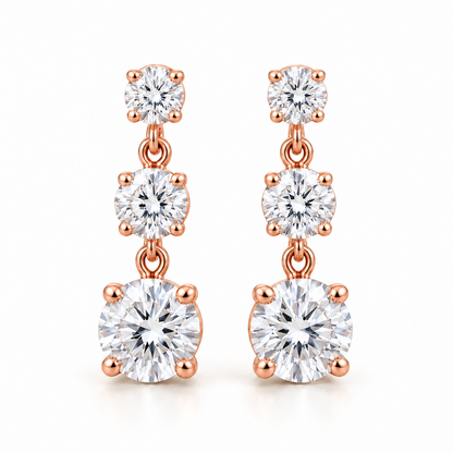 Graduated Three-Stone Lab-Grown Diamond Drop Earrings 3.00 CTW in rose gold, hero; design visualization