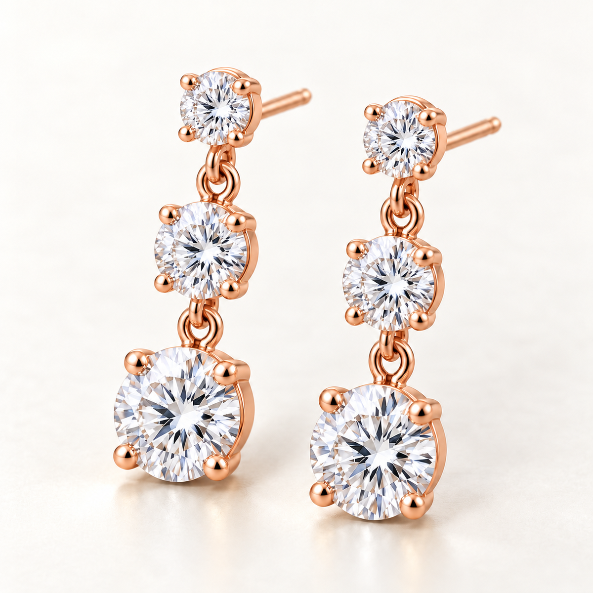 Graduated Three-Stone Lab-Grown Diamond Drop Earrings 3.00 CTW in rose gold, oblique front; design visualization