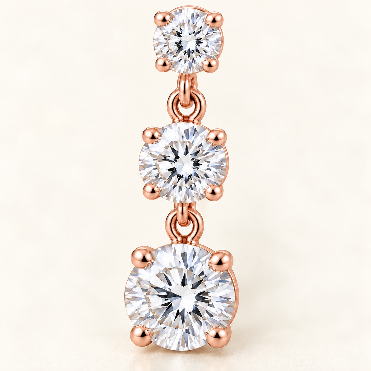 Graduated Three-Stone Lab-Grown Diamond Drop Earrings 3.00 CTW in rose gold, macro detail; design visualization