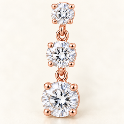 Graduated Three-Stone Lab-Grown Diamond Drop Earrings 3.00 CTW in rose gold, macro detail; design visualization