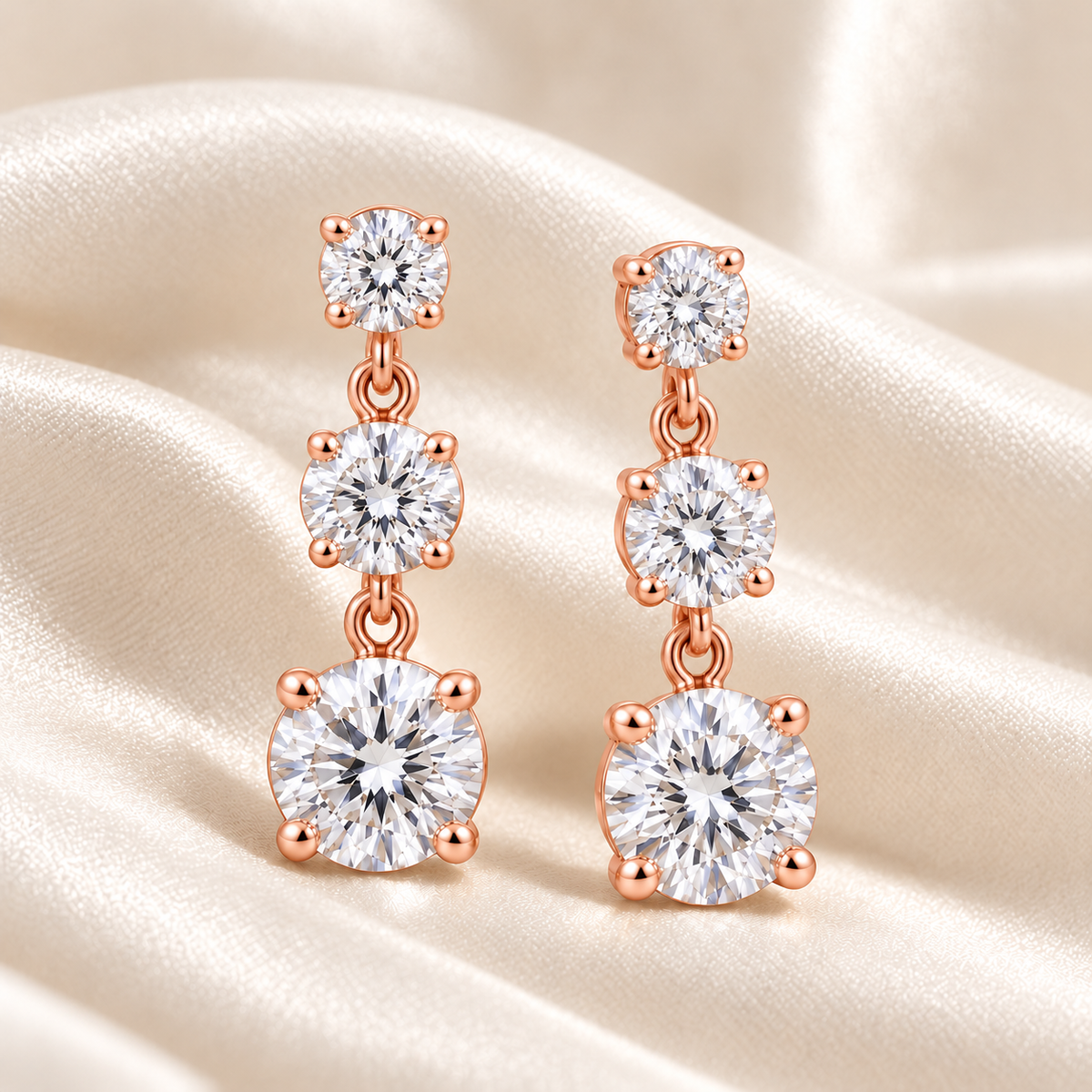 Graduated Three-Stone Lab-Grown Diamond Drop Earrings 3.00 CTW in rose gold, ivory styling; design visualization