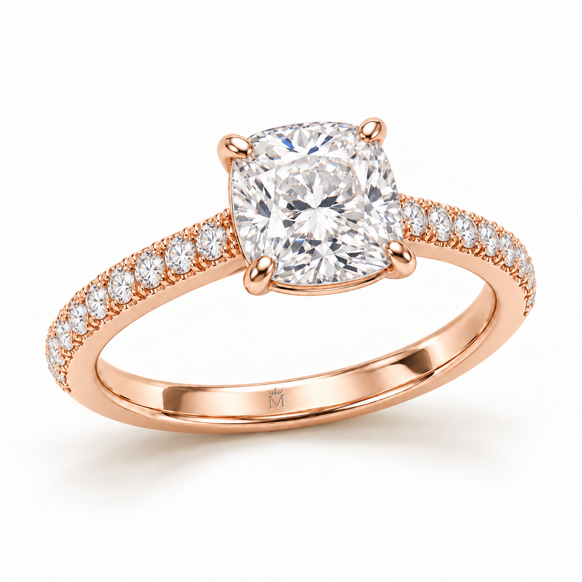 MISSISSI cushion-cut lab-grown diamond ring with pavé shoulders in rose gold, alternate front design view