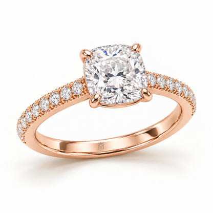 MISSISSI cushion-cut lab-grown diamond ring with pavé shoulders in rose gold, alternate front design view