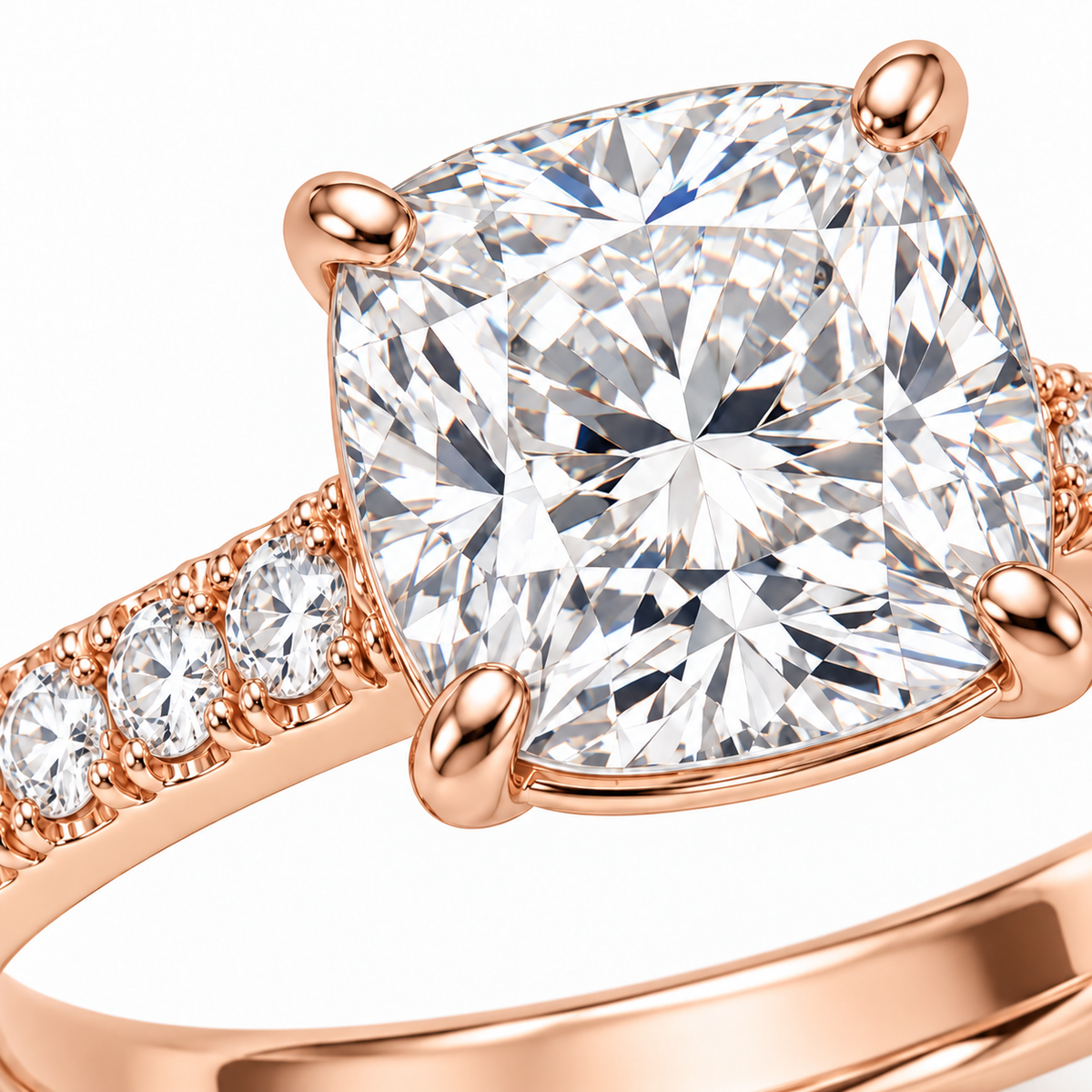 MISSISSI cushion-cut lab-grown diamond ring with pavé shoulders in rose gold, close detail of cushion center and pavé shoulders