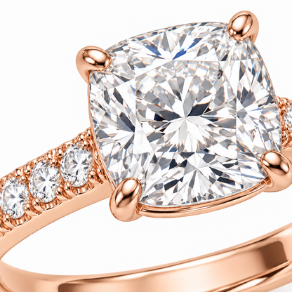 MISSISSI cushion-cut lab-grown diamond ring with pavé shoulders in rose gold, close detail of cushion center and pavé shoulders