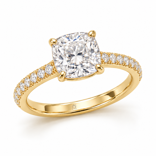 MISSISSI cushion-cut lab-grown diamond ring with pavé shoulders in yellow gold, front three-quarter design view