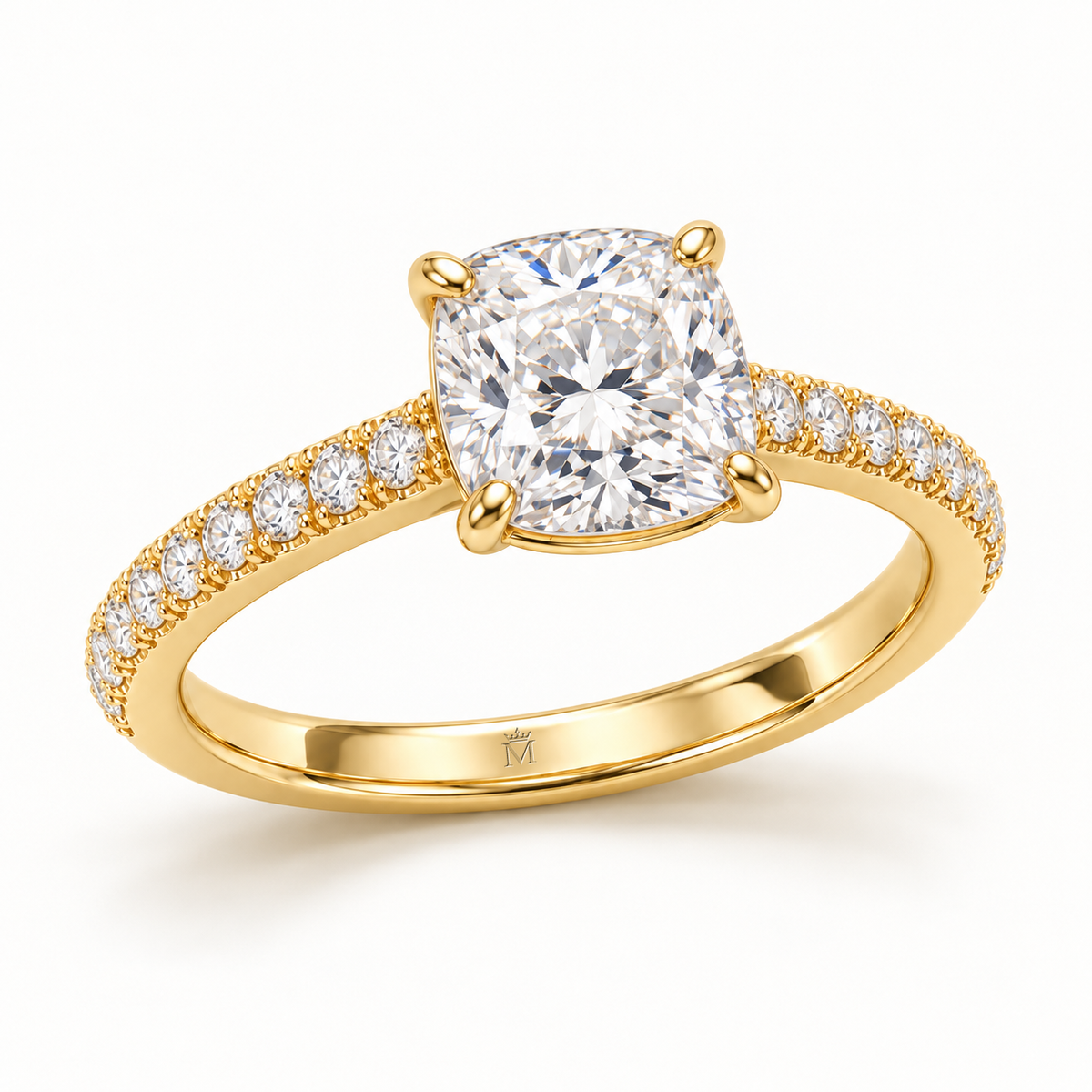MISSISSI cushion-cut lab-grown diamond ring with pavé shoulders in yellow gold, alternate front design view