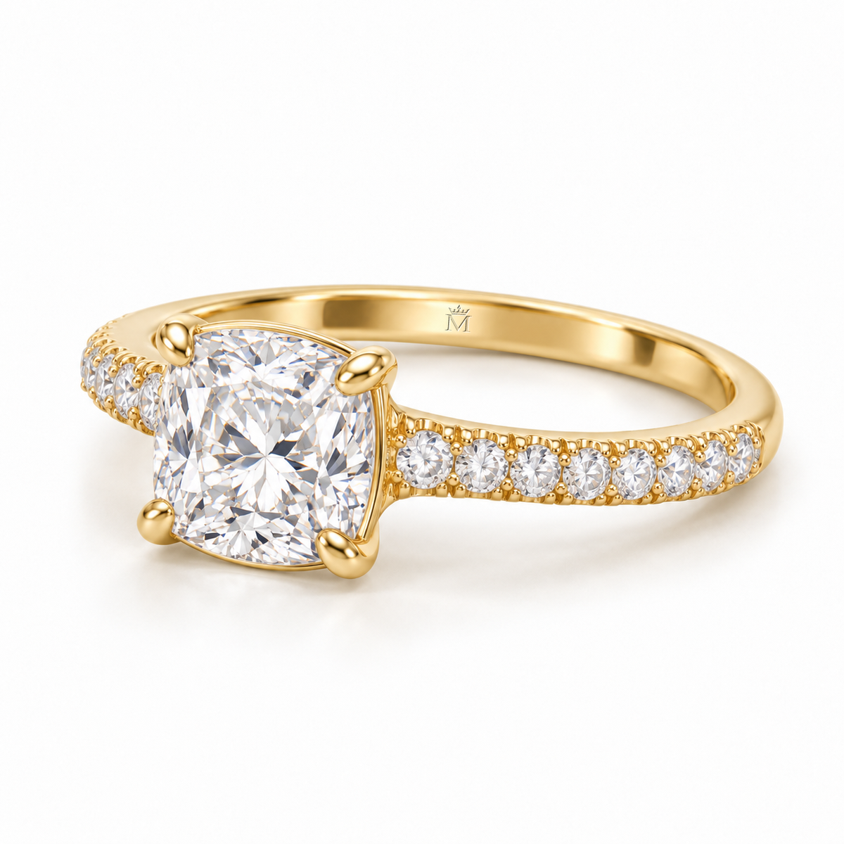 MISSISSI cushion-cut lab-grown diamond ring with pavé shoulders in yellow gold, oblique profile design view