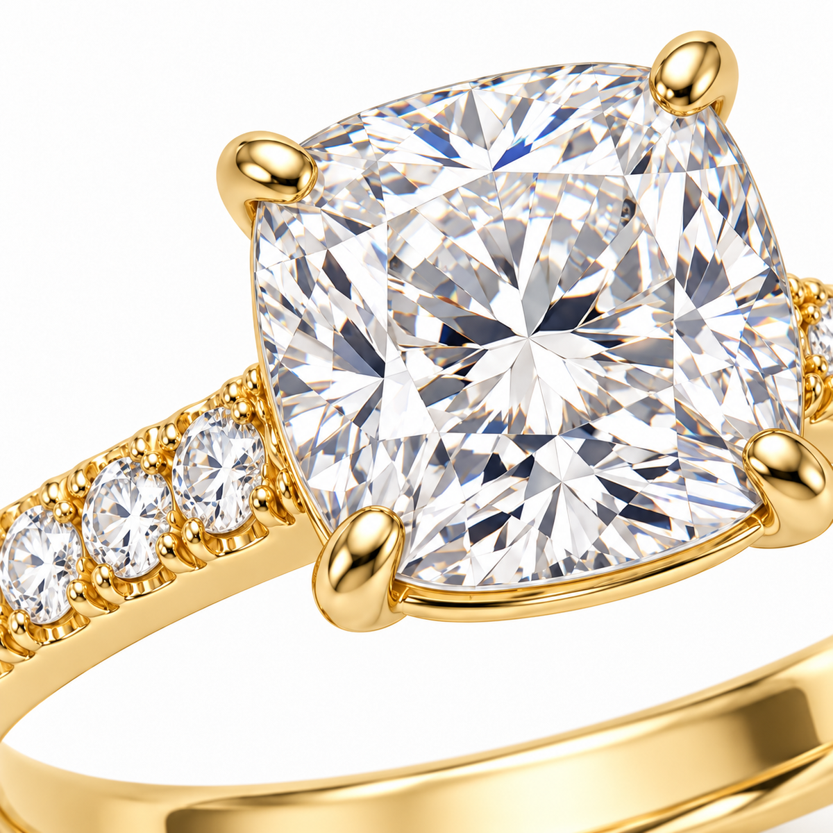 MISSISSI cushion-cut lab-grown diamond ring with pavé shoulders in yellow gold, close detail of cushion center and pavé shoulders