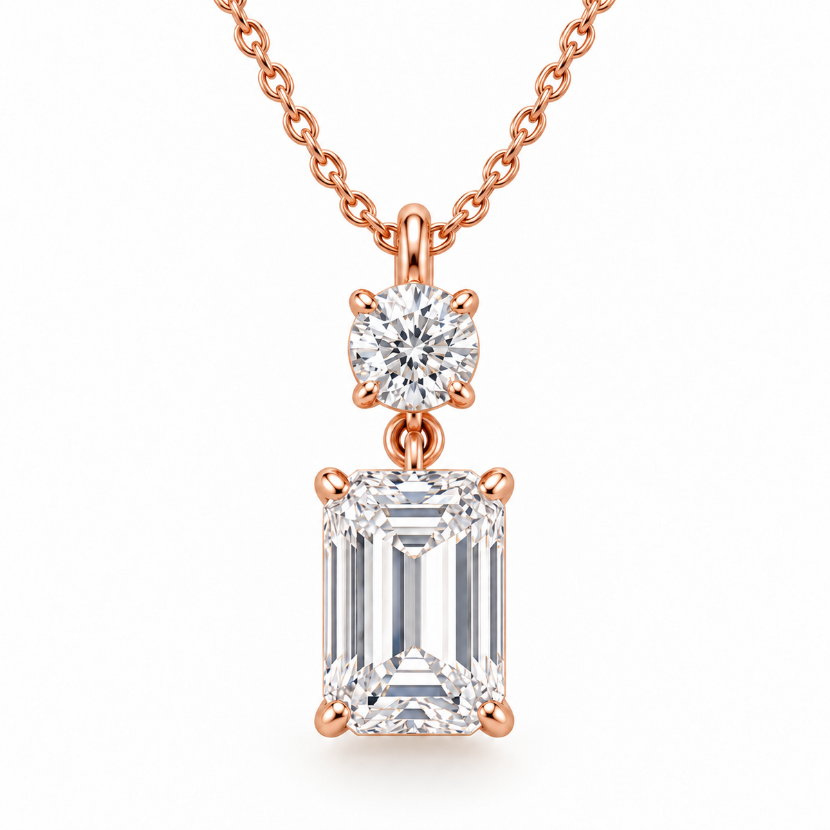 MISSISSI round and emerald-cut lab-grown diamond necklace in rose gold, front design view with chain