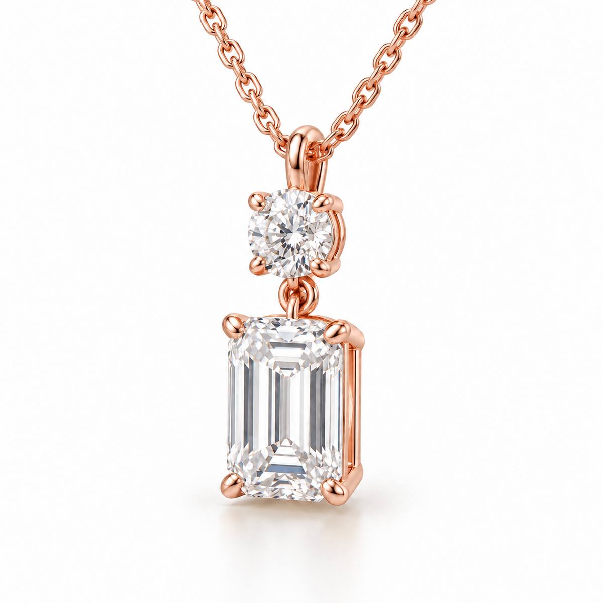MISSISSI round and emerald-cut lab-grown diamond necklace in rose gold, oblique profile showing both diamond shapes