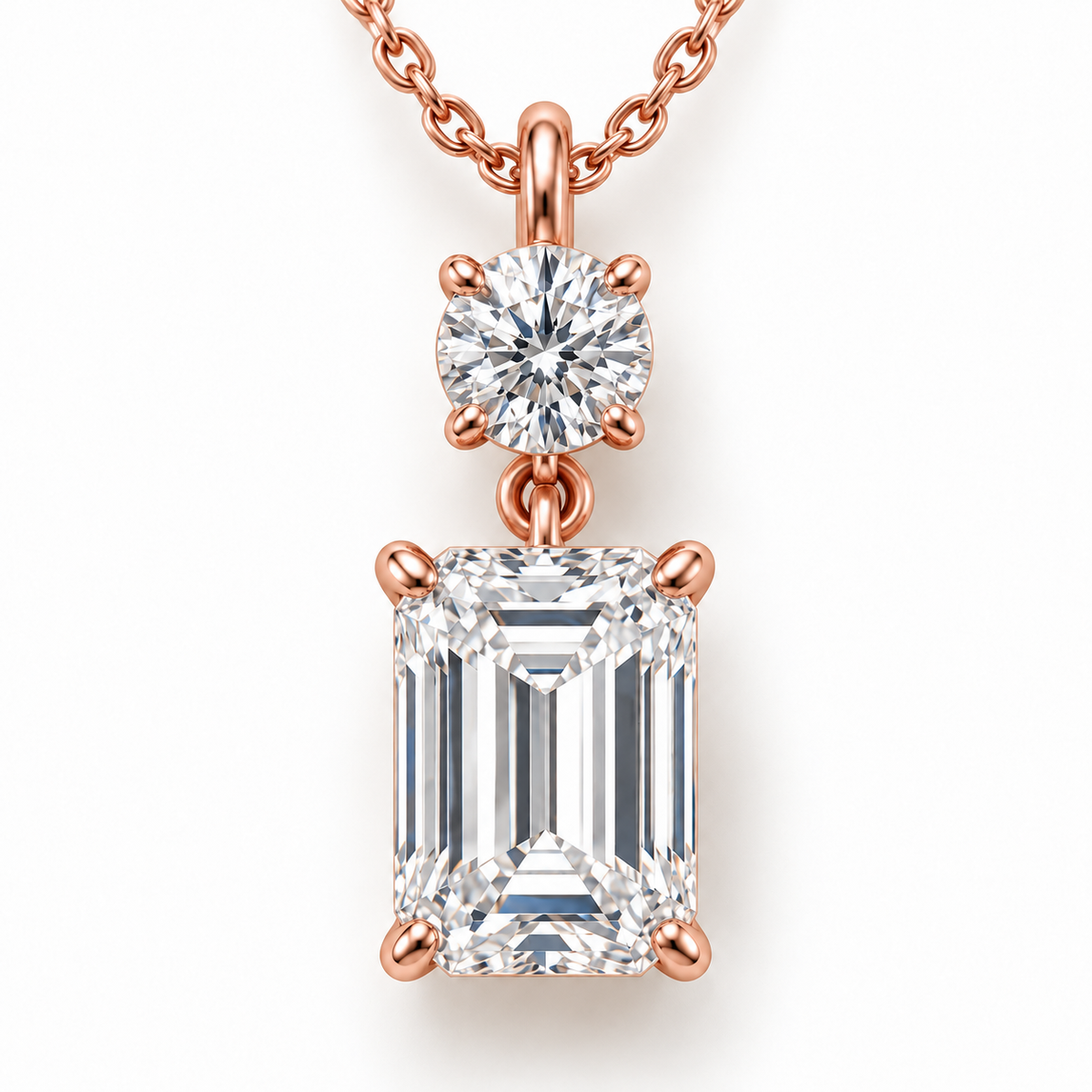 MISSISSI round and emerald-cut lab-grown diamond necklace in rose gold, close detail of round top and emerald-cut drop