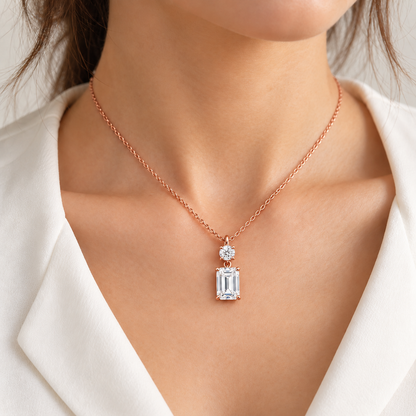 MISSISSI round and emerald-cut lab-grown diamond necklace in rose gold, shown worn at the neckline