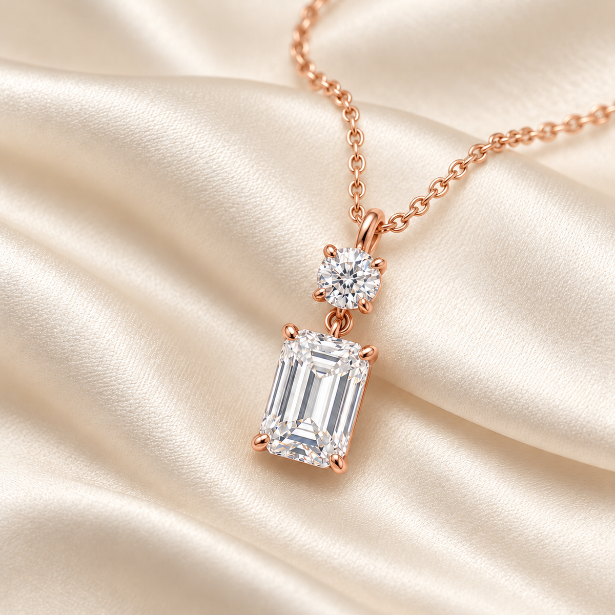 MISSISSI round and emerald-cut lab-grown diamond necklace in rose gold, styled on ivory silk