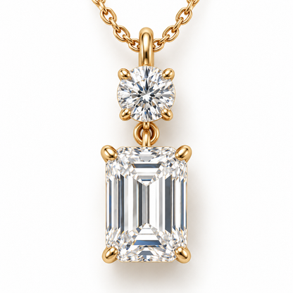 MISSISSI round and emerald-cut lab-grown diamond necklace in yellow gold, close detail of round top and emerald-cut drop