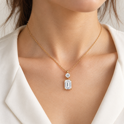 MISSISSI round and emerald-cut lab-grown diamond necklace in yellow gold, shown worn at the neckline