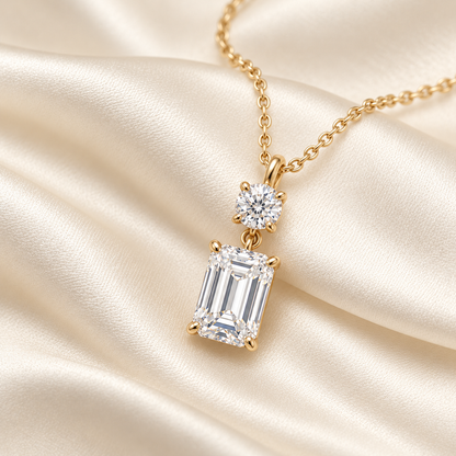 MISSISSI round and emerald-cut lab-grown diamond necklace in yellow gold, styled on ivory silk