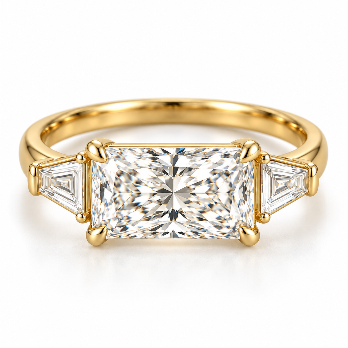 MISSISSI U03 east-west radiant lab-grown diamond three-stone ring in yellow gold, front product view on white; design visualization