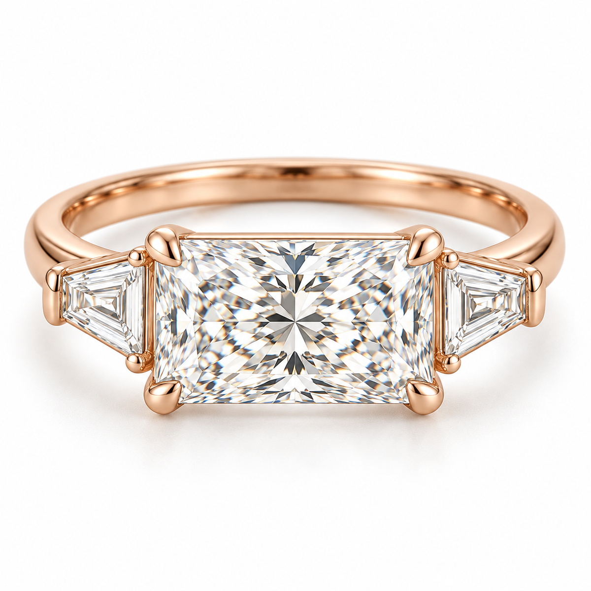 MISSISSI U03 east-west radiant lab-grown diamond three-stone ring in rose gold, front product view on white; design visualization
