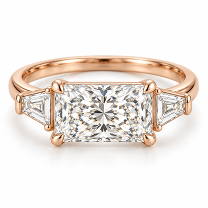MISSISSI U03 east-west radiant lab-grown diamond three-stone ring in rose gold, front product view on white; design visualization