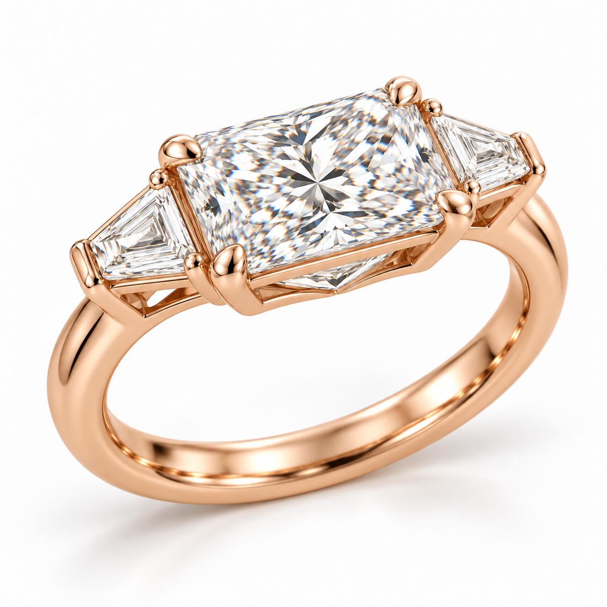 MISSISSI U03 east-west radiant lab-grown diamond three-stone ring in rose gold, angled view of the setting and band; design visualization