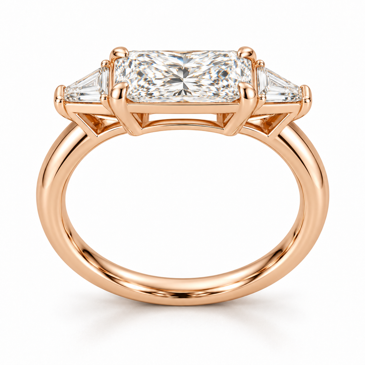MISSISSI U03 east-west radiant lab-grown diamond three-stone ring in rose gold, low view of the connected setting gallery; design visualization