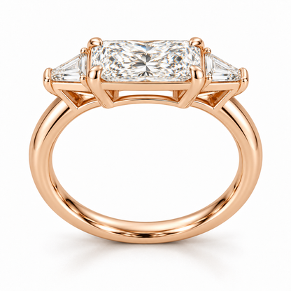 MISSISSI U03 east-west radiant lab-grown diamond three-stone ring in rose gold, low view of the connected setting gallery; design visualization
