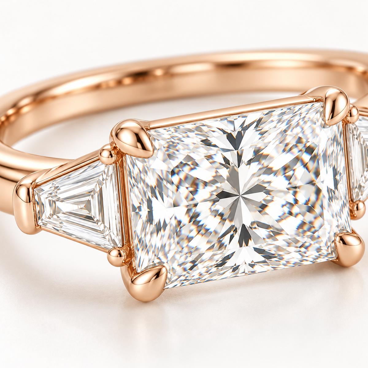 MISSISSI U03 east-west radiant lab-grown diamond three-stone ring in rose gold, close-up of radiant center and trapezoid diamond setting; design visualization