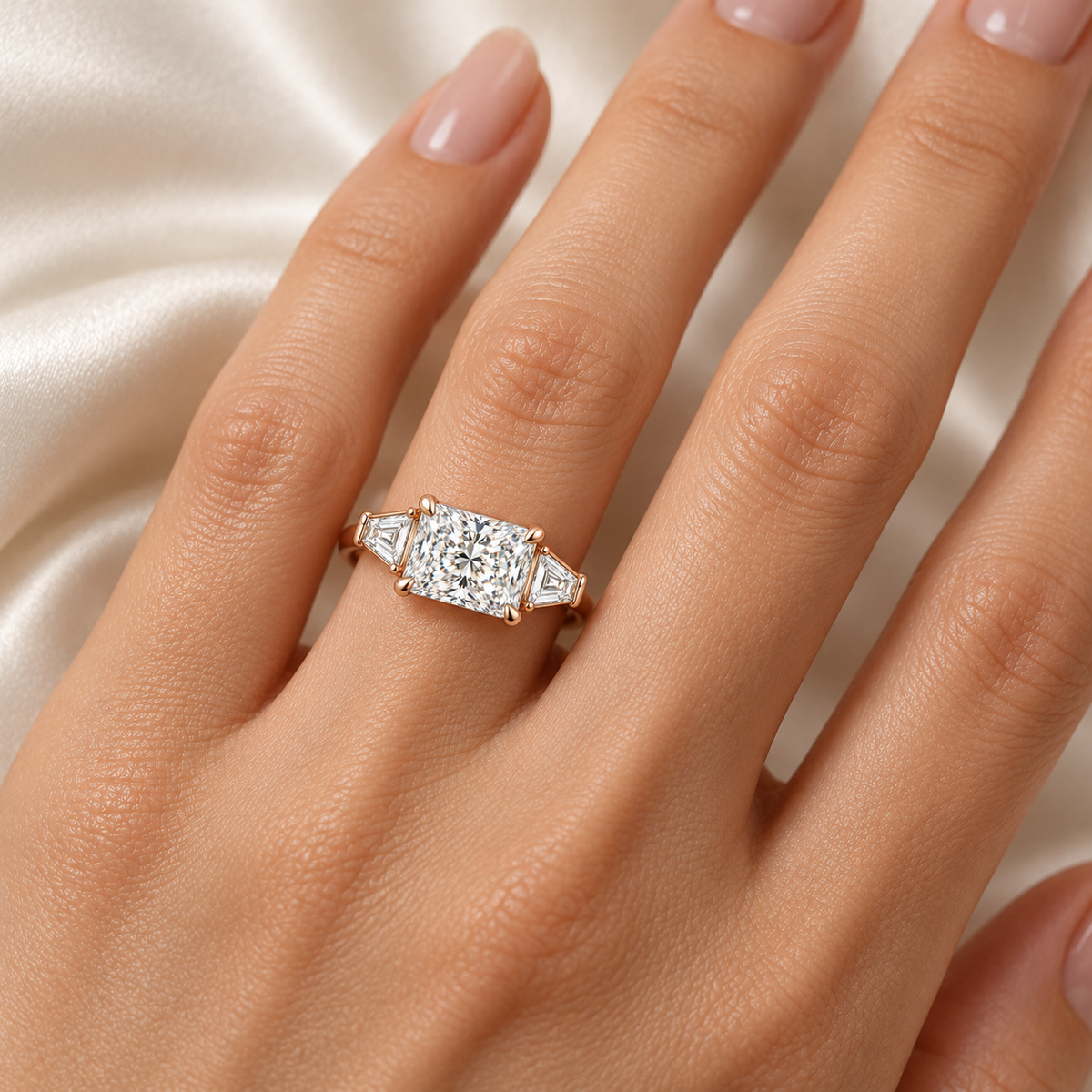 MISSISSI U03 east-west radiant lab-grown diamond three-stone ring in rose gold, ring worn on an adult hand; design visualization