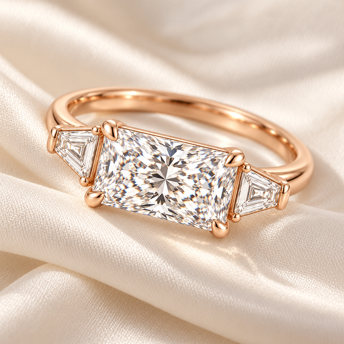 MISSISSI U03 east-west radiant lab-grown diamond three-stone ring in rose gold, ring resting on ivory fabric; design visualization