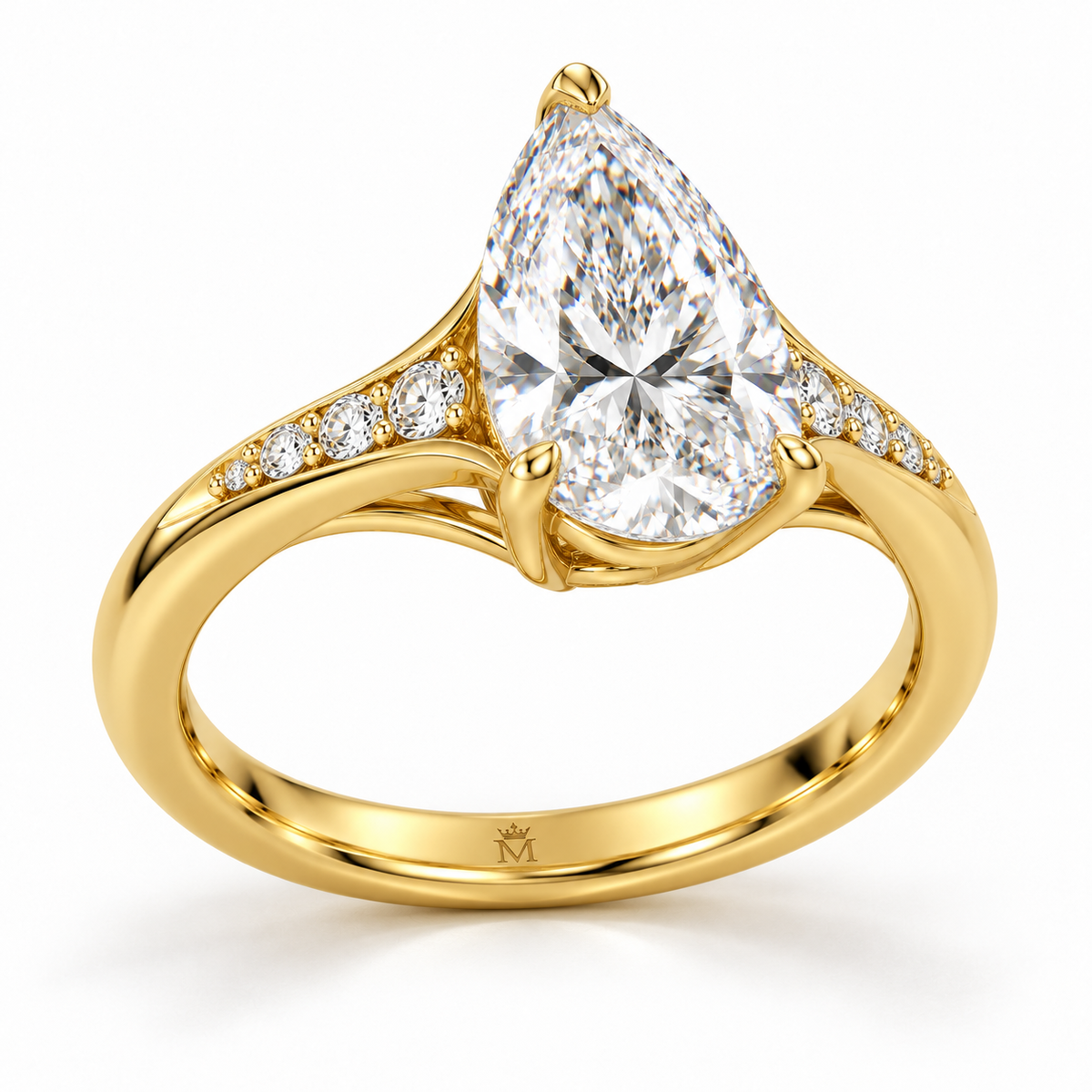 MISSISSI U04 pear lab-grown diamond contour ring in yellow gold, low angled view of the connected setting gallery; design visualization