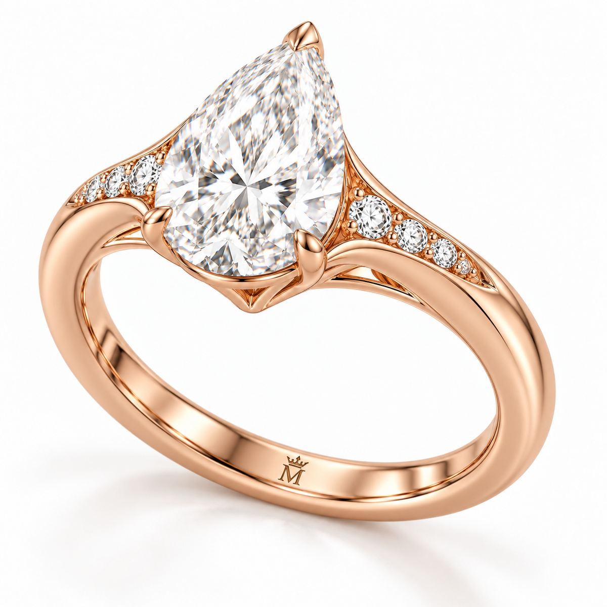 MISSISSI U04 pear lab-grown diamond contour ring in rose gold, low angled view of the connected setting gallery; design visualization