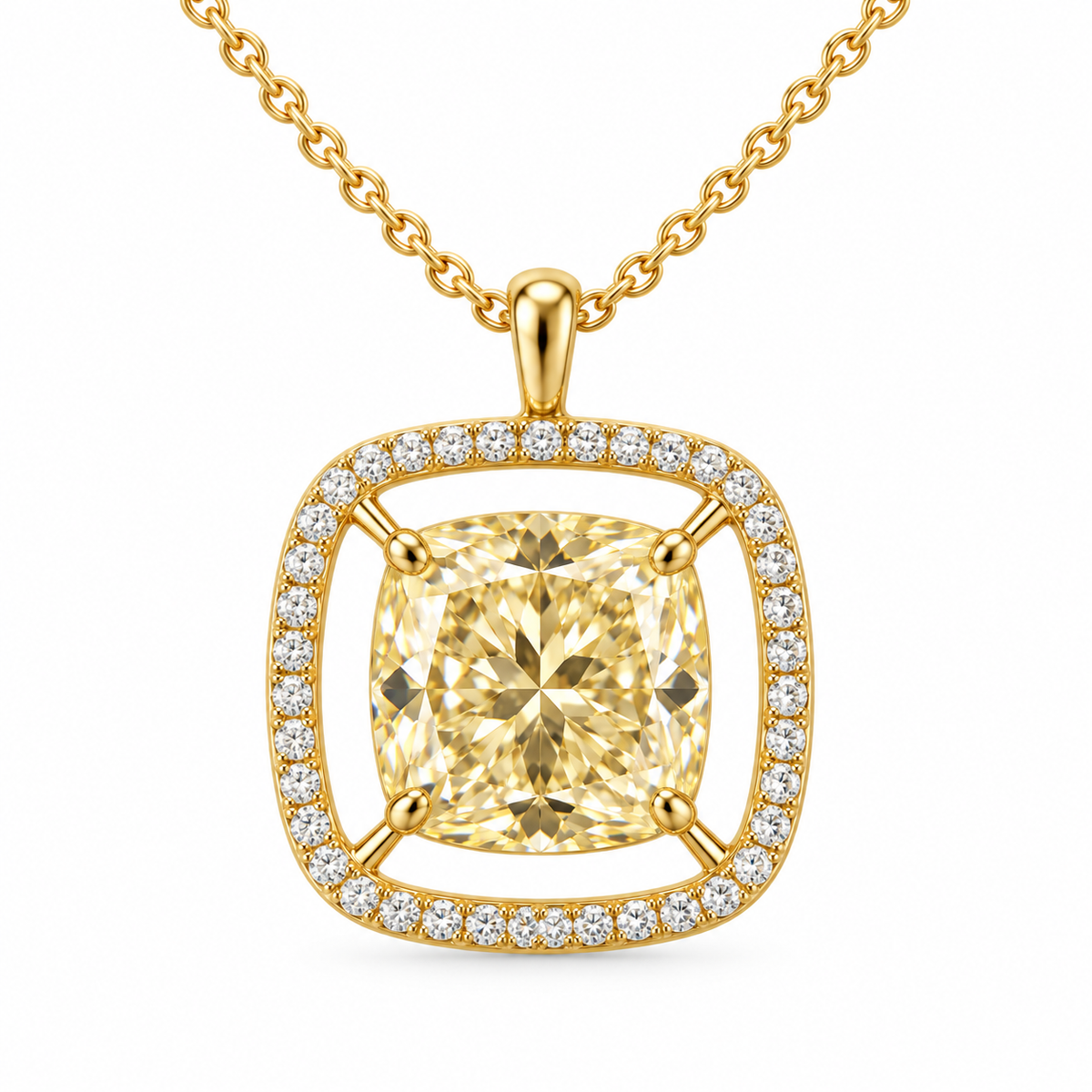 MISSISSI Cushion Air Frame lab-grown diamond necklace in 14K yellow gold, front hero on white, featuring a soft-yellow cushion suspended inside a separate white-diamond frame.