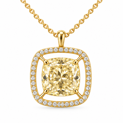 MISSISSI Cushion Air Frame lab-grown diamond necklace in 14K yellow gold, front hero on white, featuring a soft-yellow cushion suspended inside a separate white-diamond frame.
