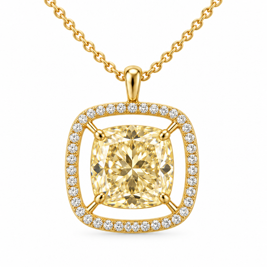 MISSISSI Cushion Air Frame lab-grown diamond necklace in 14K yellow gold, front hero on white, featuring a soft-yellow cushion suspended inside a separate white-diamond frame.
