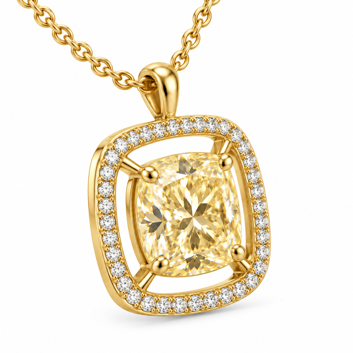 MISSISSI Cushion Air Frame lab-grown diamond necklace in 14K yellow gold, three-quarter view, featuring a soft-yellow cushion suspended inside a separate white-diamond frame.