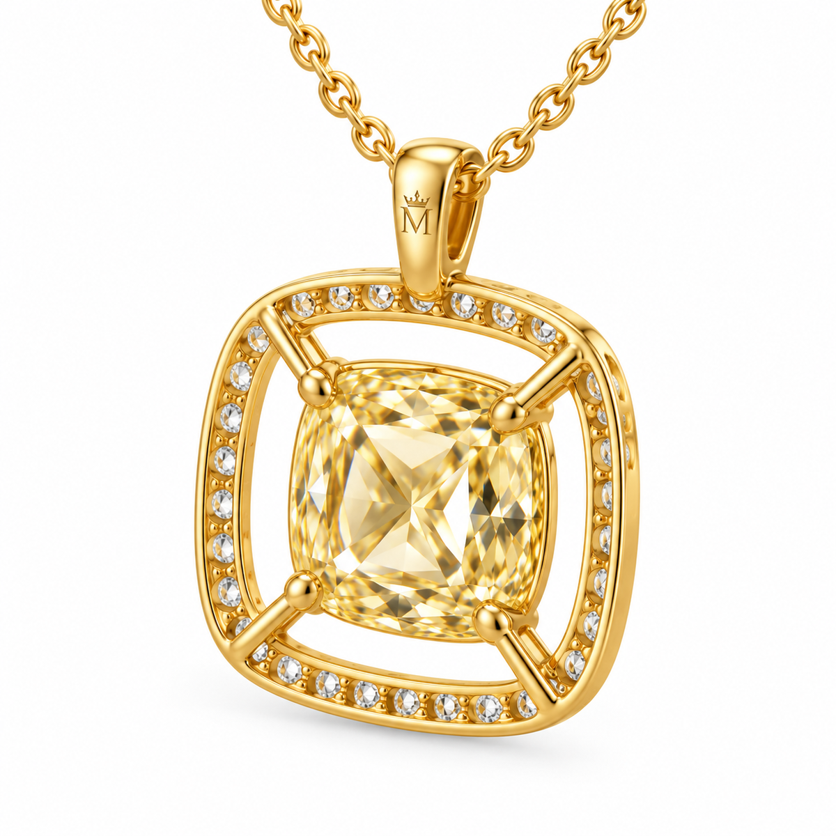 MISSISSI Cushion Air Frame lab-grown diamond necklace in 14K yellow gold, rear open-gallery view, featuring a soft-yellow cushion suspended inside a separate white-diamond frame.