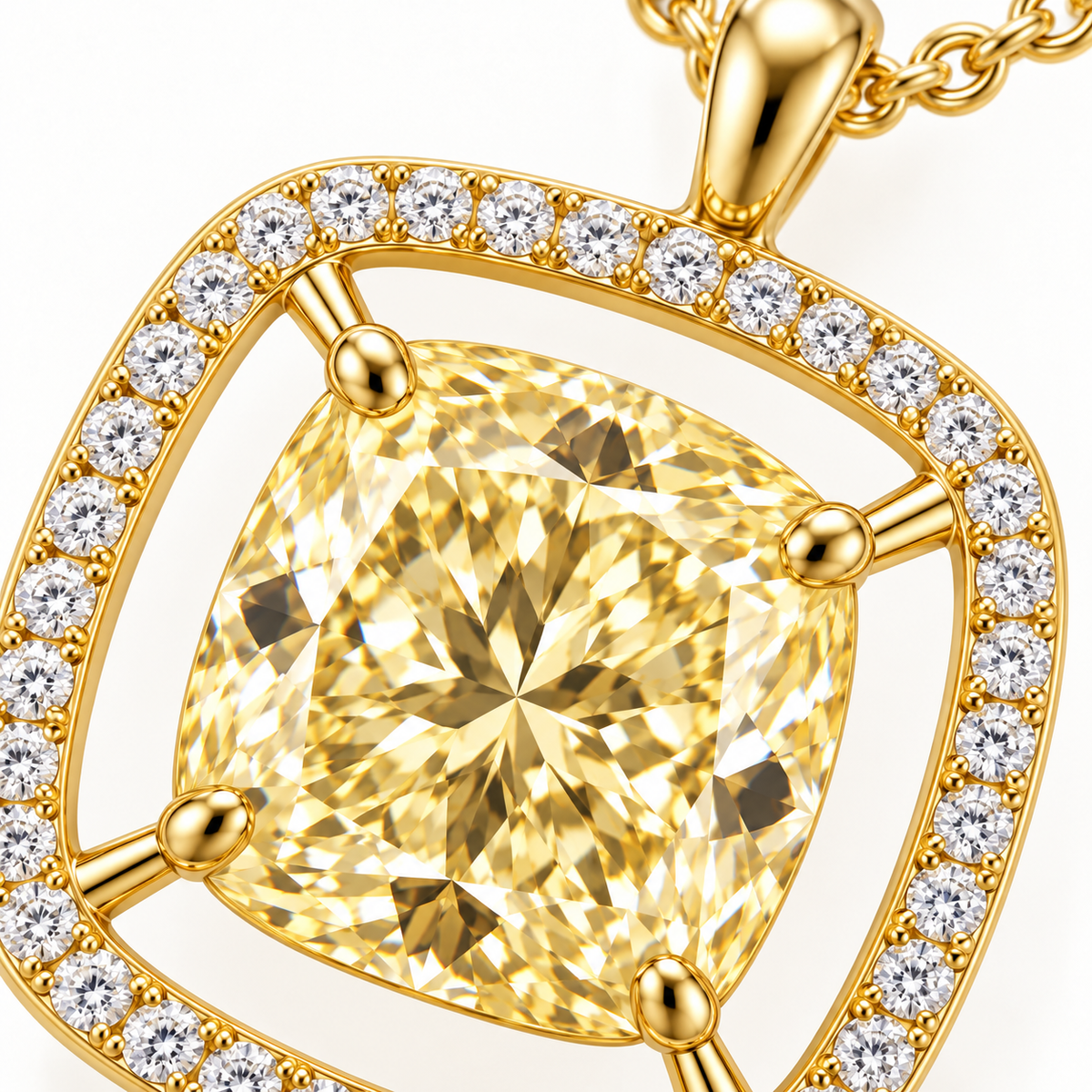 MISSISSI Cushion Air Frame lab-grown diamond necklace in 14K yellow gold, diamond macro detail, featuring a soft-yellow cushion suspended inside a separate white-diamond frame.