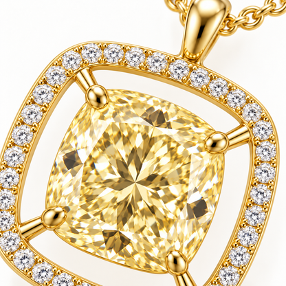 MISSISSI Cushion Air Frame lab-grown diamond necklace in 14K yellow gold, diamond macro detail, featuring a soft-yellow cushion suspended inside a separate white-diamond frame.
