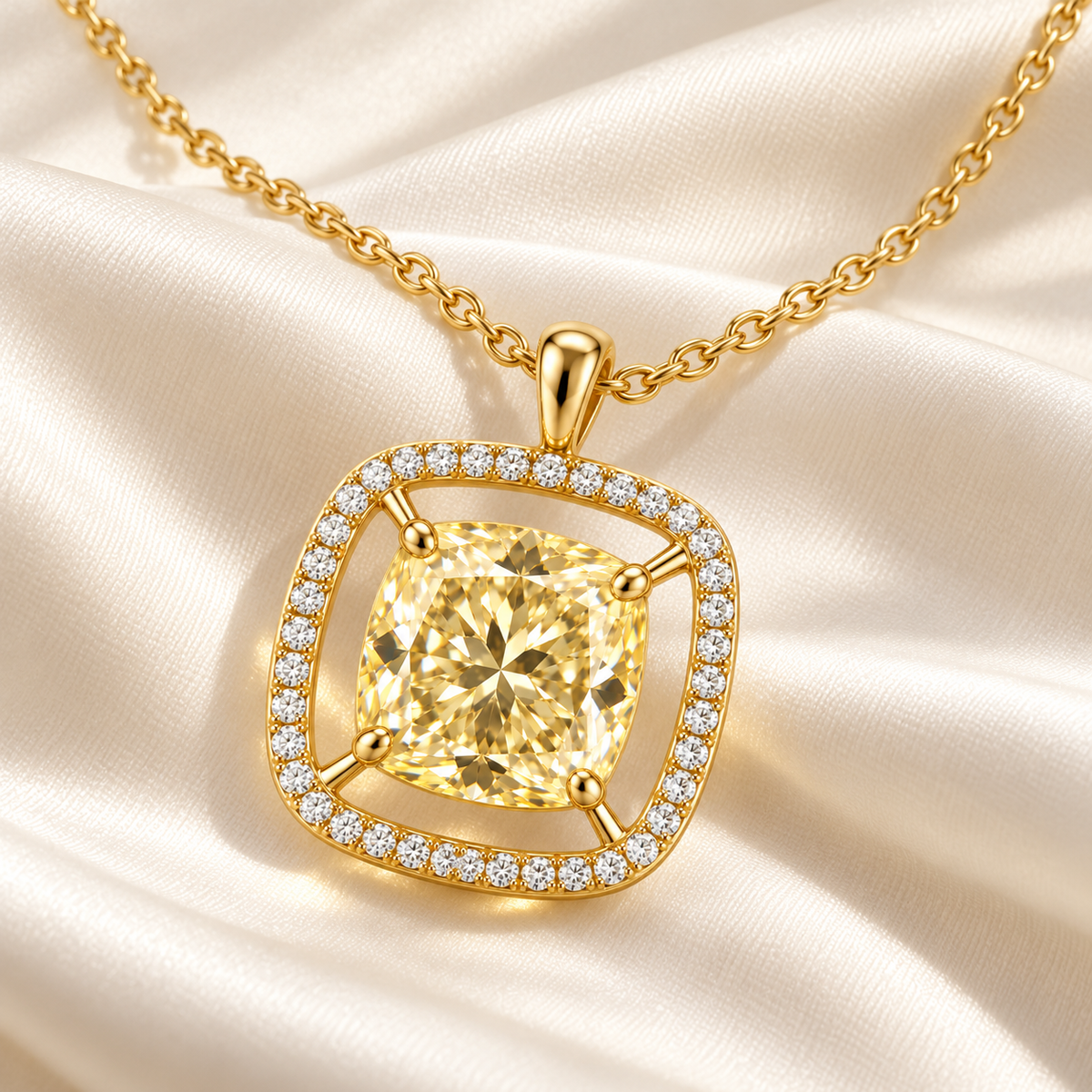 MISSISSI Cushion Air Frame lab-grown diamond necklace in 14K yellow gold, ivory silk styling, featuring a soft-yellow cushion suspended inside a separate white-diamond frame.