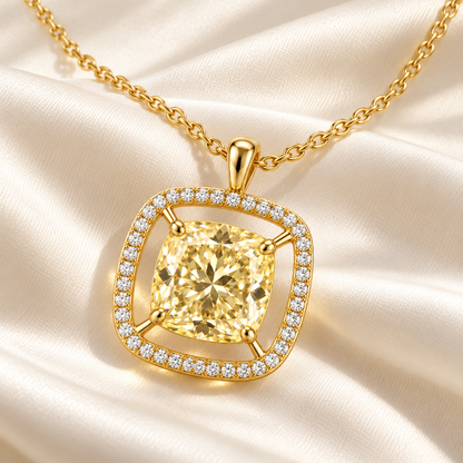 MISSISSI Cushion Air Frame lab-grown diamond necklace in 14K yellow gold, ivory silk styling, featuring a soft-yellow cushion suspended inside a separate white-diamond frame.