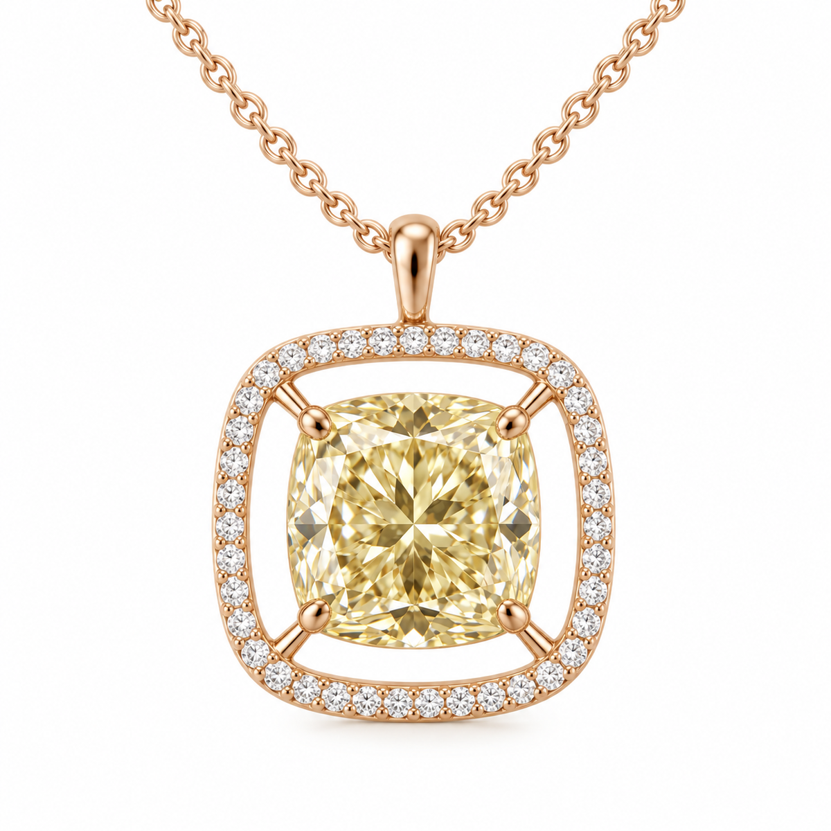 MISSISSI Cushion Air Frame lab-grown diamond necklace in 14K rose gold, front hero on white, featuring a soft-yellow cushion suspended inside a separate white-diamond frame.